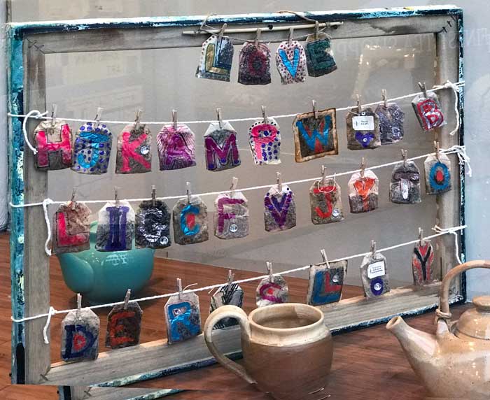 Samples of Tea Bag Art from Window at Gallery on Gazebo