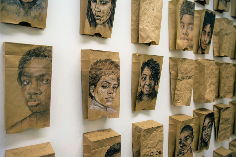 Ashley A. Jones' Brown Paper Bags- exhibit detail from Gallery on Gazebo, Johnstown PA